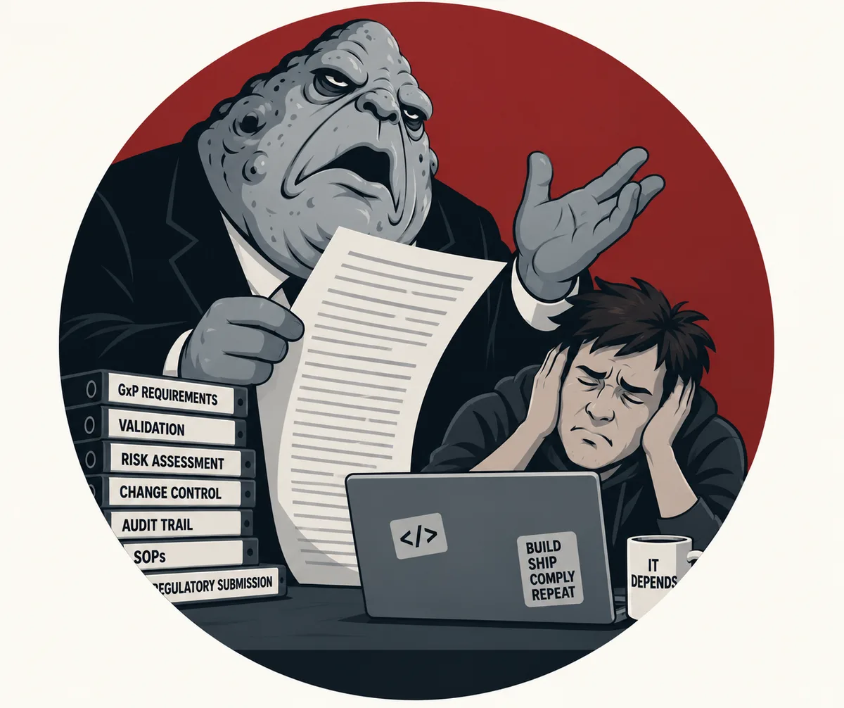 A VOGON compliance officer reads a requirements document aloud to a developer holding their head in their hands