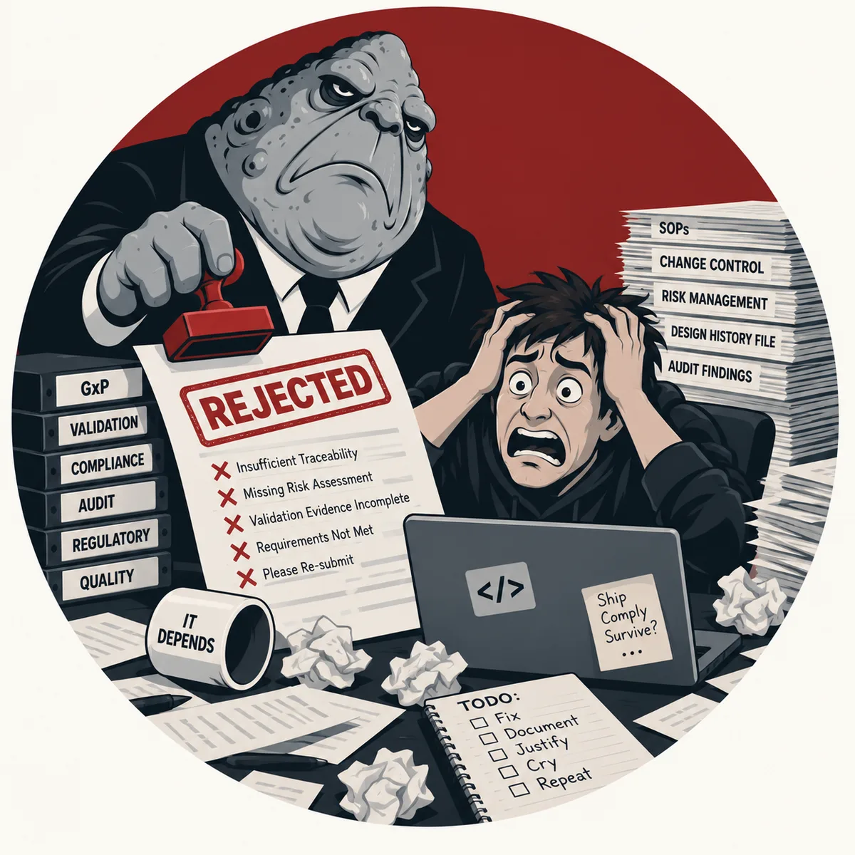 A developer clutching their head in front of a submission stamped REJECTED, listing insufficient traceability, missing risk assessment, incomplete validation evidence and requirements not met, beside towering stacks of SOPs and audit findings