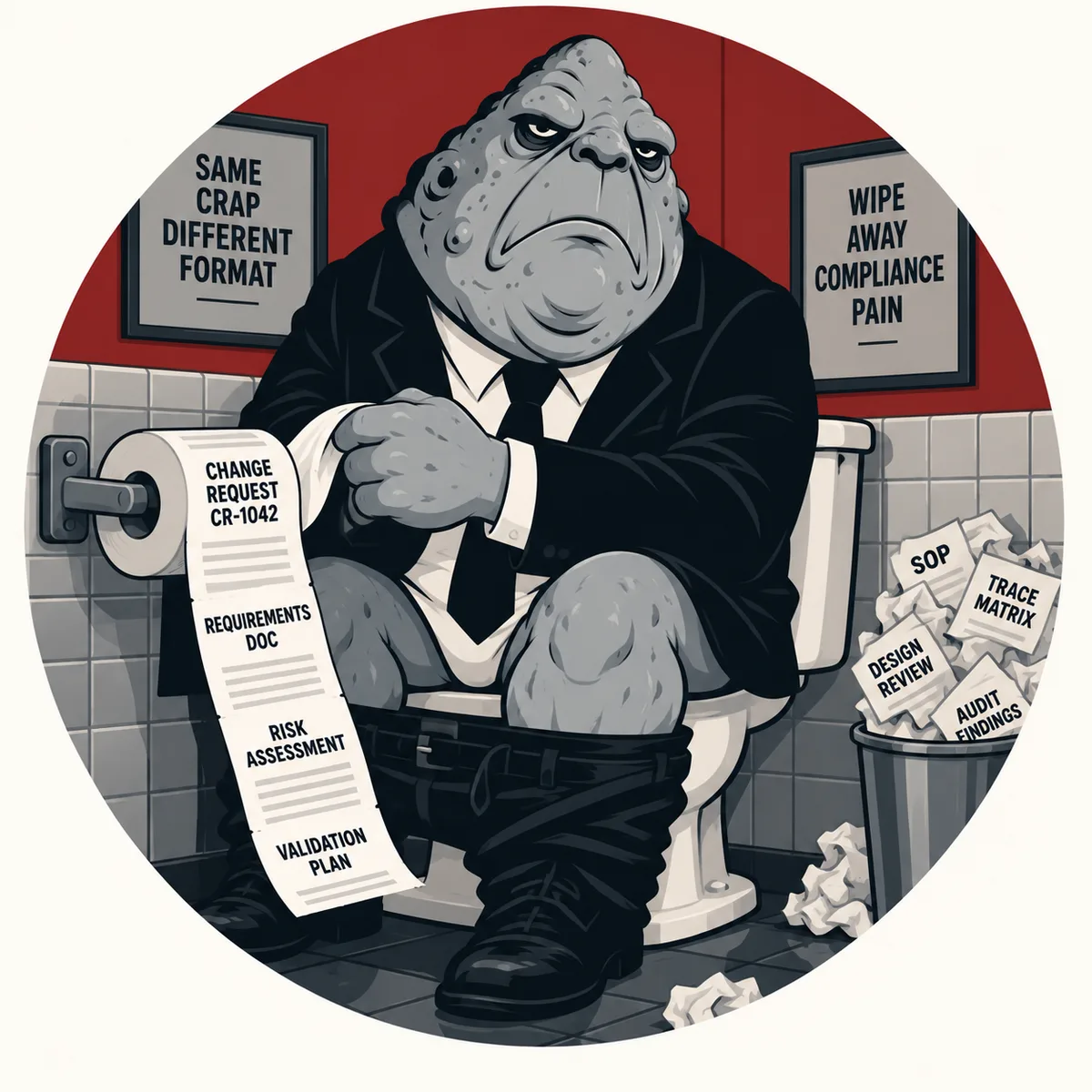 A VOGON officer seated in a restroom stall unspooling a continuous roll printed with a change request, requirements document, risk assessment and validation plan, beneath signs reading Same Crap Different Format and Wipe Away Compliance Pain