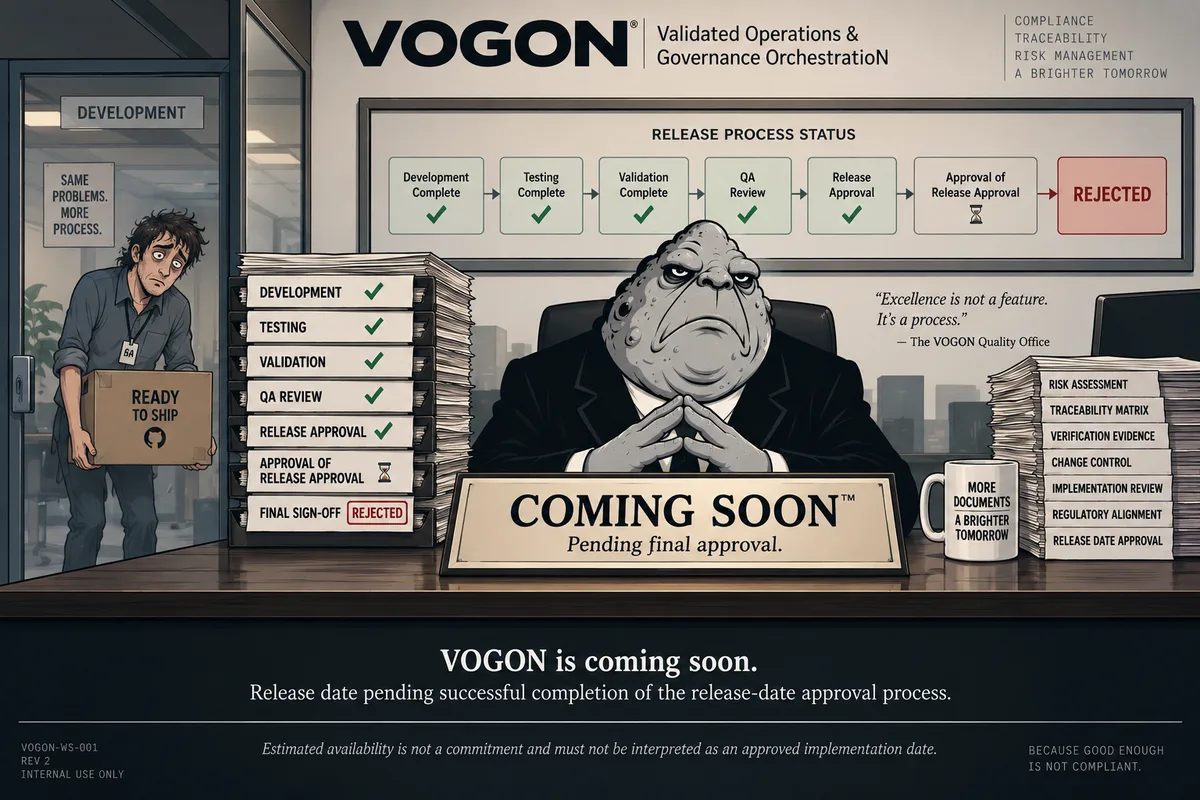 A VOGON executive seated behind a Coming Soon nameplate while a developer waits at the door with a box marked Ready to Ship