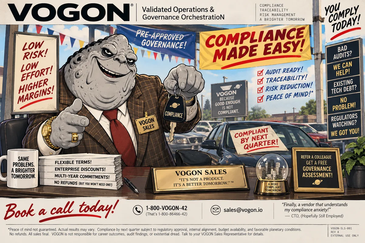 A VOGON sales representative on a forecourt beneath banners reading Compliance Made Easy, holding a key fob labelled Compliance