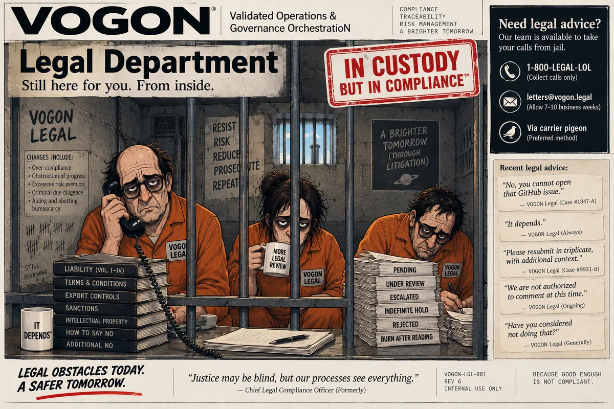 Three members of the VOGON legal team in orange jumpsuits behind bars, one on the phone, beneath a stamp reading In Custody But In Compliance