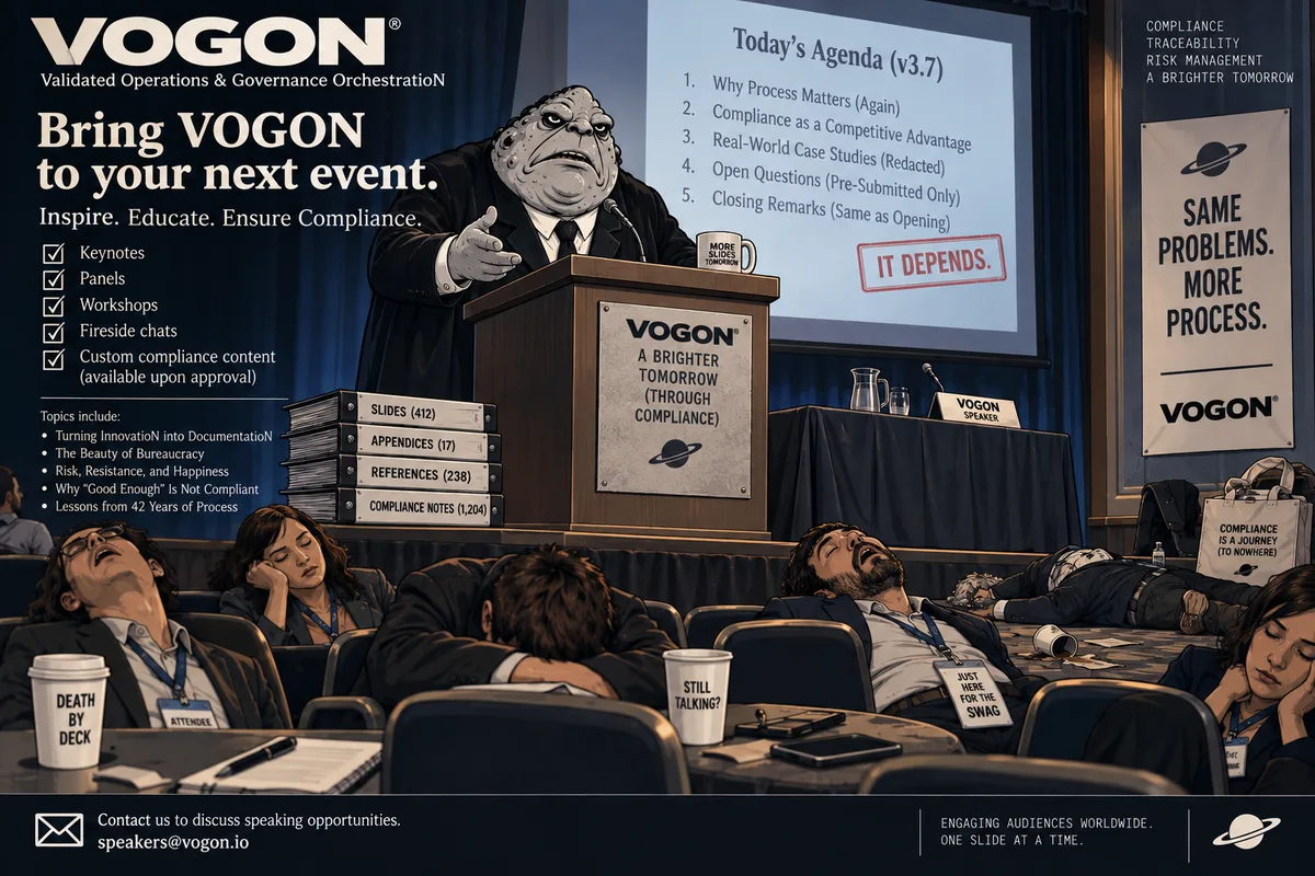 A VOGON executive presenting from a lectern to a conference audience that has fallen asleep, beside a slide headed Today's Agenda version 3.7