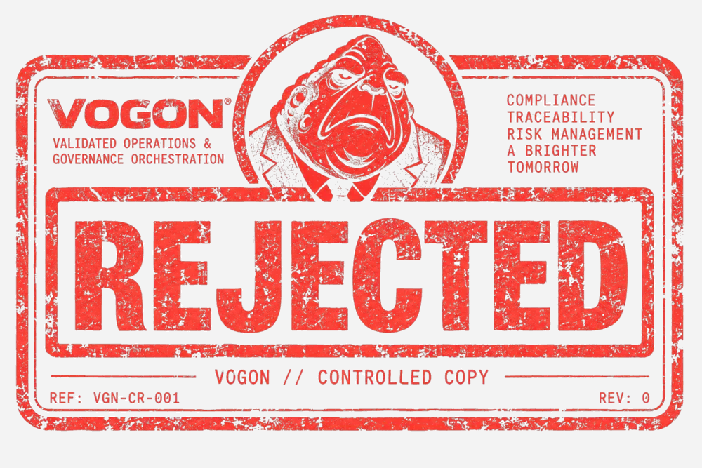 VOGON REJECTED stamp, controlled copy, reference VGN-CR-001 revision 0