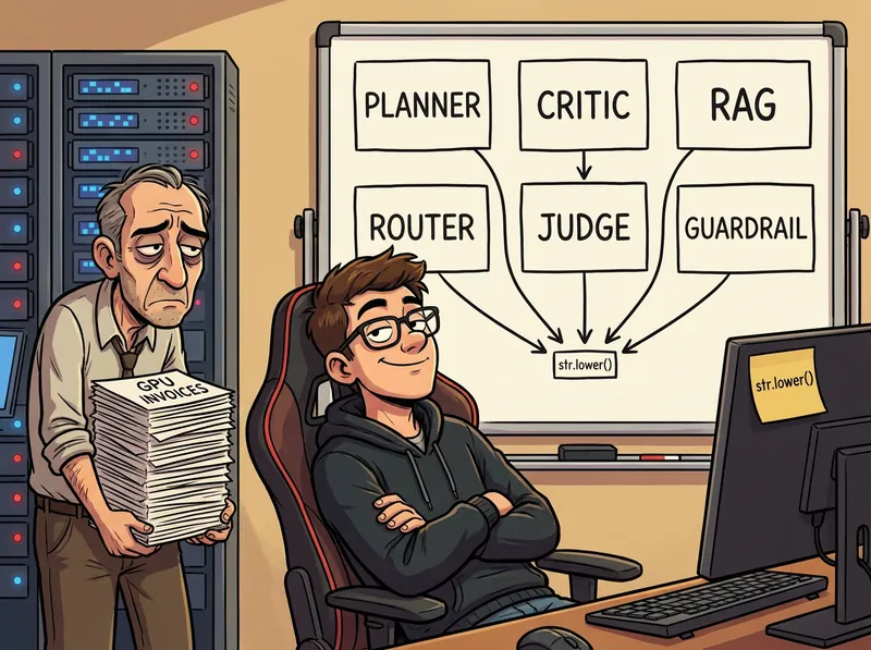 A smug engineer in a hoodie leans back with arms crossed in front of a whiteboard where six AI agents point at one tiny box labelled str.lower(), while a tired colleague carries a stack of GPU invoices