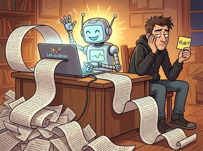 A beaming robot types an endless scroll of text onto the floor while a bored man holds a note reading tl;dr?