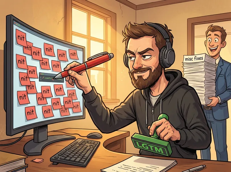 A smug bearded engineer in headphones covers a one-line code change with red sticky notes reading nit, holding a green LGTM stamp, while a grinning manager waits behind him with a tall stack of paper labelled misc fixes