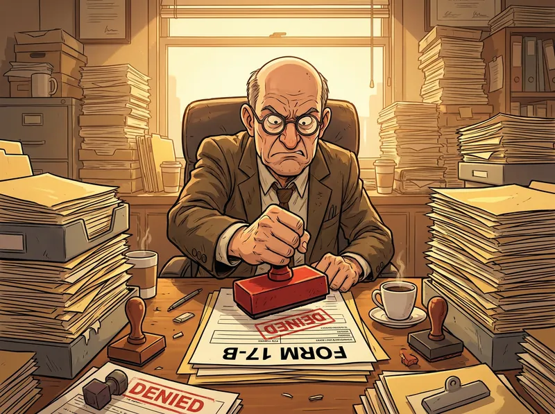 A bald bureaucrat behind towers of paper slamming a DENIED stamp on Form 17-B