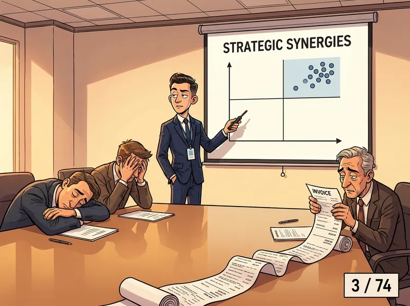 A smug young consultant points at a 2x2 where every dot is in the top right while executives sleep and an invoice unrolls onto the floor
