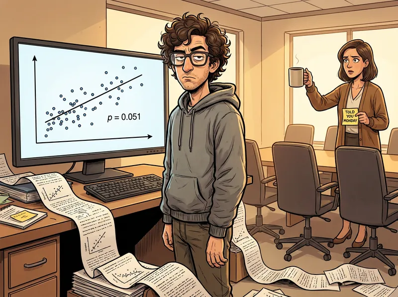 A smug data scientist in a hoodie stands by a chart reading p = 0.051 in an empty meeting room while a colleague holds a sticky note reading Told you Monday