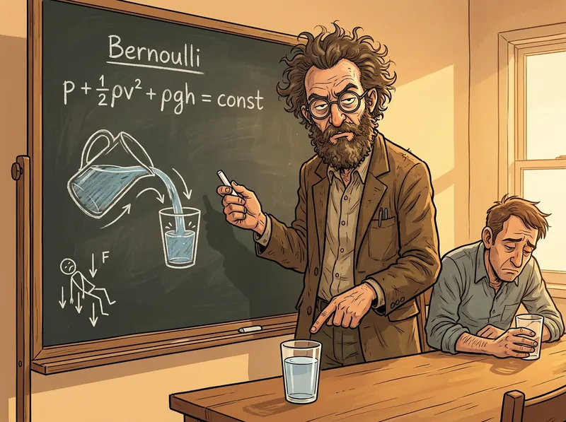 A bearded engineer at a chalkboard covered in Bernoulli's equation glares down at a friend holding a glass of water