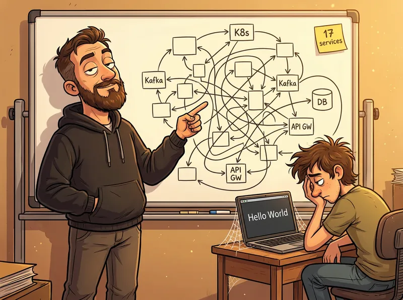 A smug architect in a hoodie points at a whiteboard of tangled services while a slumped developer's laptop showing Hello World gathers cobwebs