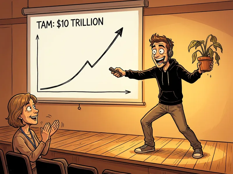 An ecstatic founder in a hoodie and headset points a clicker at a hockey-stick slide reading TAM: $10 TRILLION while holding up a wilted houseplant, as his mum claps alone in the front row