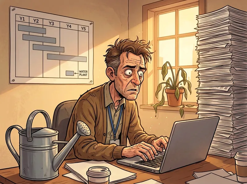 An exhausted academic types a grant beside a towering stack of paper and an untouched watering can, while the plant on the windowsill wilts next to a Gantt chart that schedules WATER PLANT for Year 5
