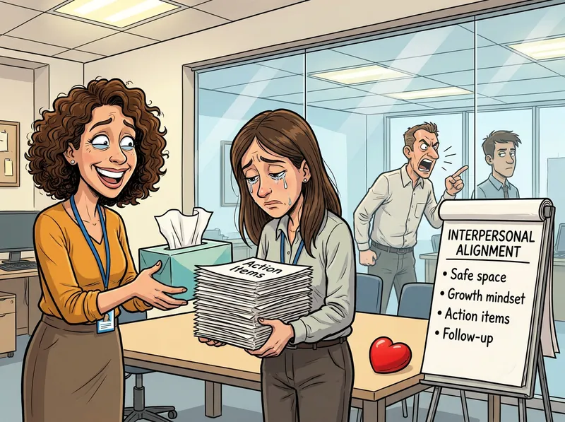 A beaming HR partner hands a weeping employee a box of tissues and a stack of action items while, behind the glass, a man shouts and nobody reacts