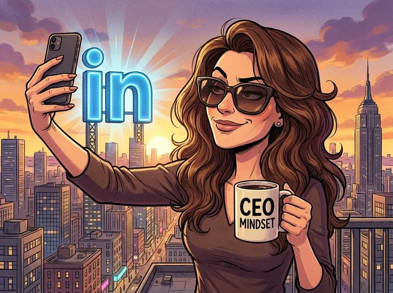A woman in sunglasses taking a rooftop selfie holding a CEO Mindset mug in front of a glowing in sign