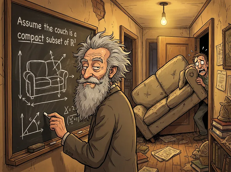A wild-haired mathematician with his back to a sofa wedged in a doorway writes Assume the couch is a compact subset of R³ on a blackboard while a sweating man is trapped behind the sofa
