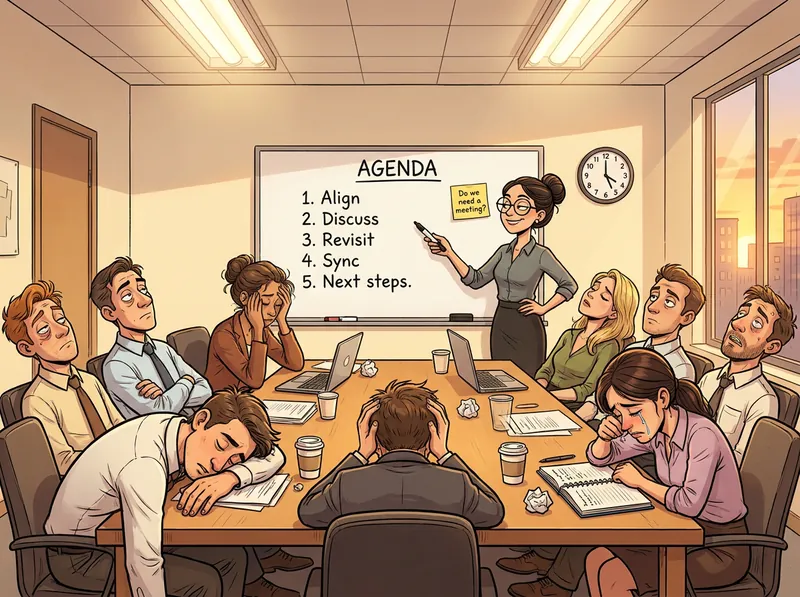 A serenely smiling facilitator points at a whiteboard agenda reading Align, Discuss, Revisit, Sync, Next steps, beside a sticky note that says Do we need a meeting?, while a dozen attendees slump, sleep and cry