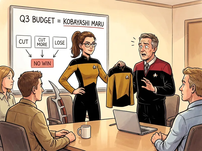 A woman in a gold Starfleet-style uniform holds out a folded gold tunic to a startled executive wearing a red one over his suit, in a boardroom whose whiteboard reads Q3 BUDGET = KOBAYASHI MARU above boxes labelled CUT, CUT MORE and LOSE, all pointing to NO WIN, with a bat'leth leaning on her chair