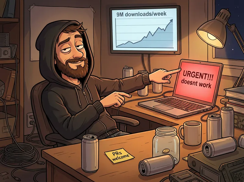 A hooded, bearded maintainer smirking with half-closed eyes at a laptop showing URGENT!!! doesnt work, beside a 9M downloads/week chart, a PRs welcome sticky note and a tip jar with one coin