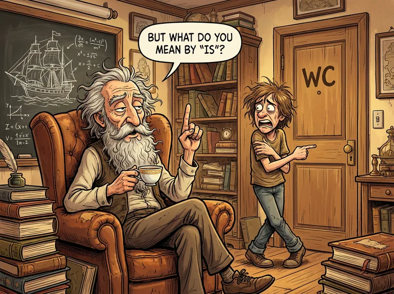 A smug bearded philosopher in an armchair raises one finger and asks But what do you mean by is? while a desperate young person with crossed legs points at a door marked WC