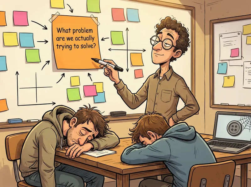 A smug product manager points a marker at a sticky note reading What problem are we actually trying to solve? while two engineers sleep on the table and a laptop shows a button covered in cobwebs