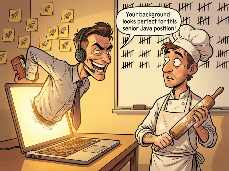 A grinning recruiter with a price-tag gun behind his back leans out of a laptop telling a bewildered pastry chef with a rolling pin that he is perfect for a senior Java position