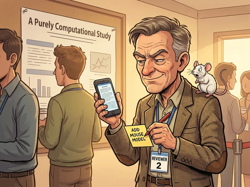 A smug academic in a tweed blazer with a REVIEWER 2 conference badge squints at a manuscript on his phone in a coffee queue and writes ADD MOUSE MODEL on a sticky note, while an alarmed white mouse sits on his shoulder in front of a poster titled A Purely Computational Study