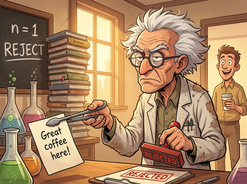 A disgusted wild-haired scientist holds a note reading Great coffee here with tongs, a REJECTED stamp in his other hand, in front of a chalkboard reading n = 1, reject