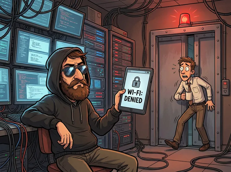A bored hooded security engineer in mirrored sunglasses holds up a tablet reading Wi-Fi: denied while a blast door closes on an office worker with a coffee mug
