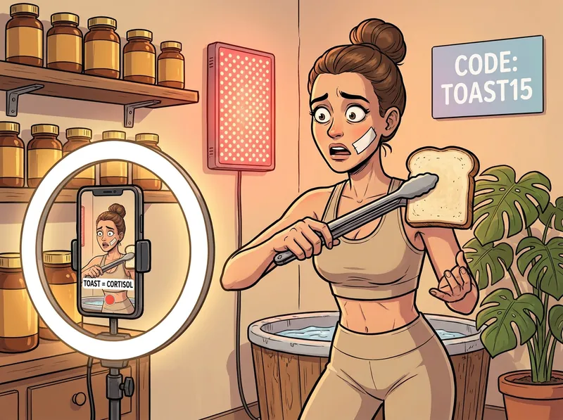 A horrified wellness influencer at a ring light holds a slice of toast at arm's length with tongs, a phone screen reading TOAST = CORTISOL, a wall sign reading CODE: TOAST15, supplement jars, a red light panel and a cold plunge behind her