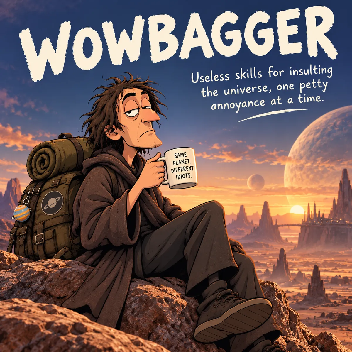 Wowbagger sitting on a rock at dusk holding a mug that reads Same planet. Different idiots.